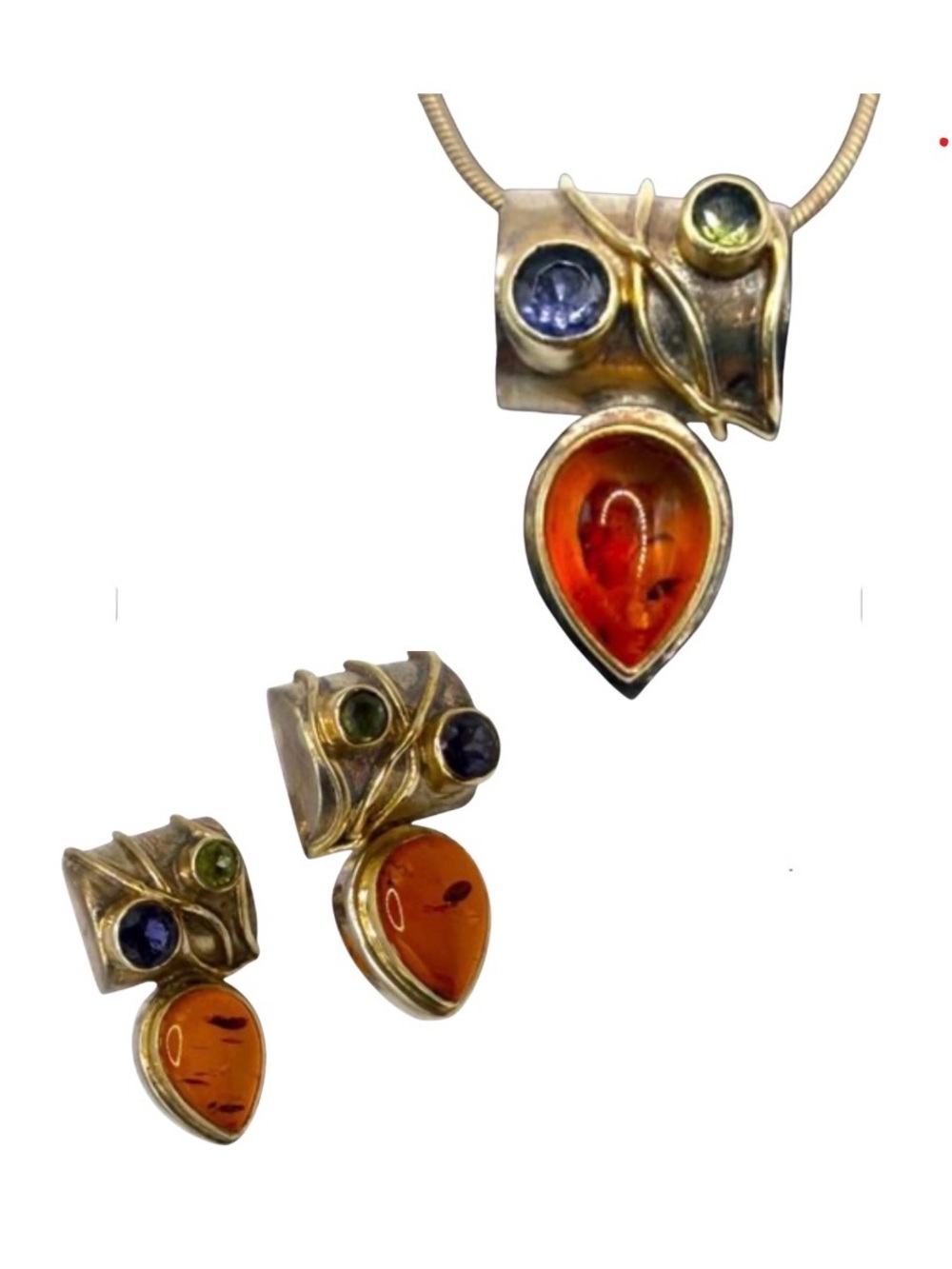 Baltic Amber, Tanzanite in Two Tone Sterling Silver Pendant and Earrings Set